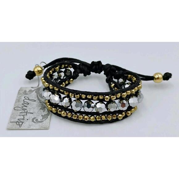 Daytrip Adjustable Leather Wrap Bracelet Beaded Gold Silver Beads - Picture 1 of 2